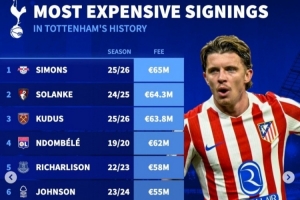 热刺队史引援榜：西蒙斯、索兰克、库杜斯前三，加拉格尔第11